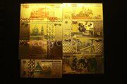 Комплект коллекционных металлизированных золотых банкнот Банка России 5,10,50,100,500,1000,5000 рублей