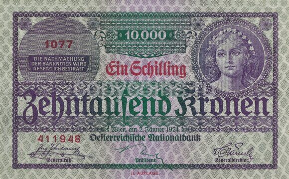 1 шиллинг на 10000 кронах 1924 года Австрия 126 на 79 1