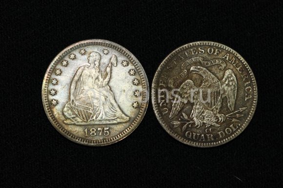 А246 25 центов  Квотер 1875 г. CC. Сидящая Свобода  Белоголовый Орлан. США.